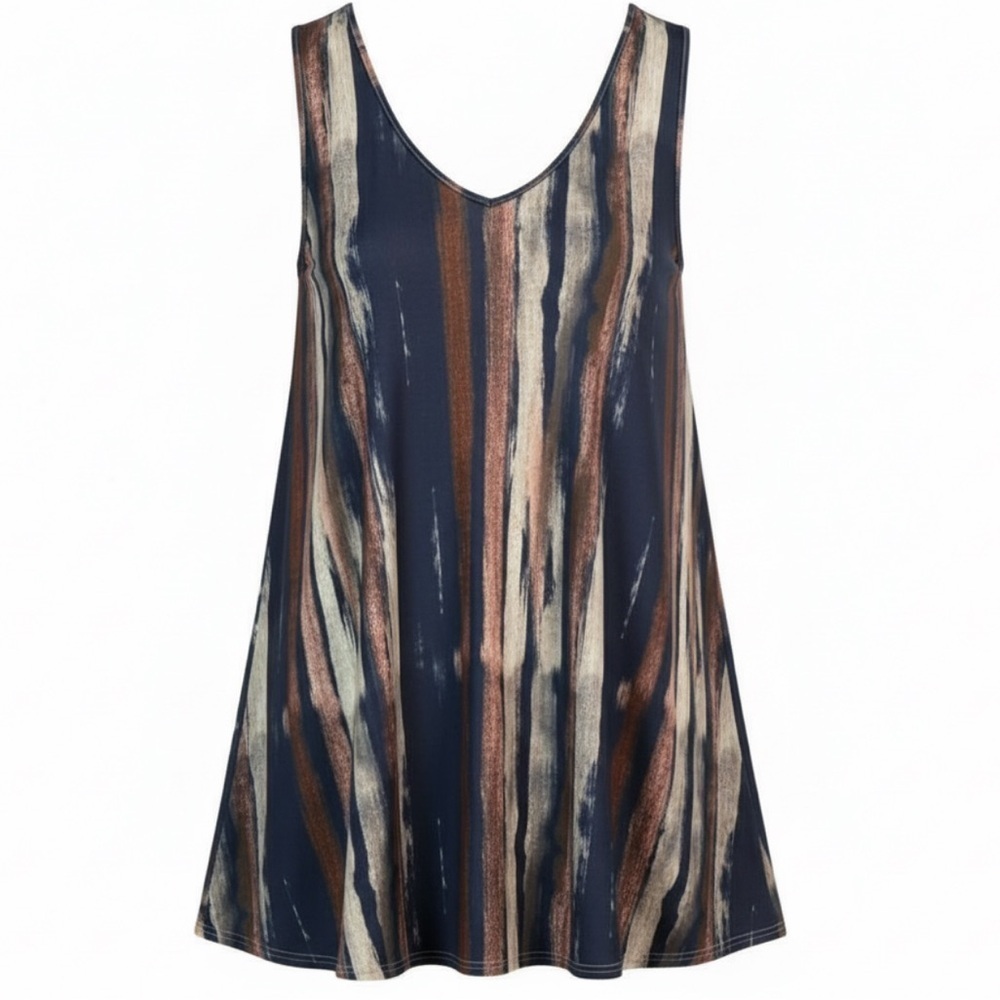 AMAZON V-Neck Striped Sleeveless Dress Blue Grey Rust Coverup Resort Dress 1X